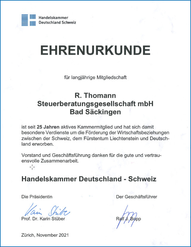 Ehrenurkunde handelskammer Schweiz-Deutschland | R. Thomann Steuerberatungsgesellschaft mbH